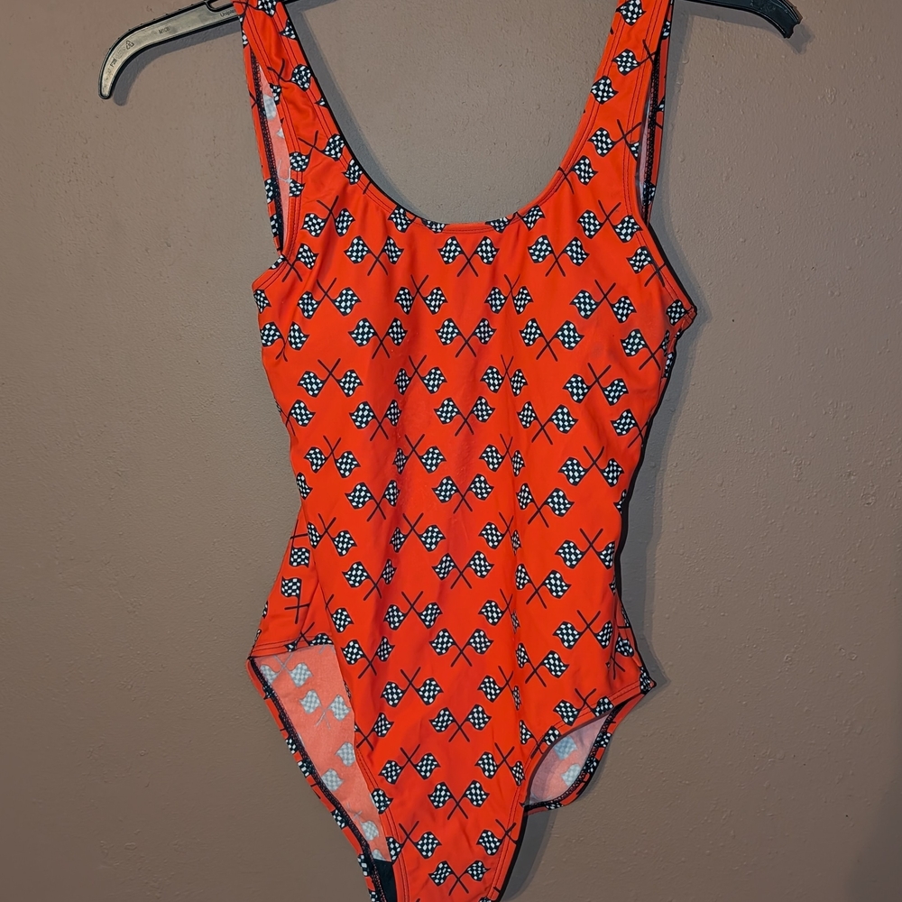 Red and Black One Piece Checkered Flag  Swimwear with High-Cut Design